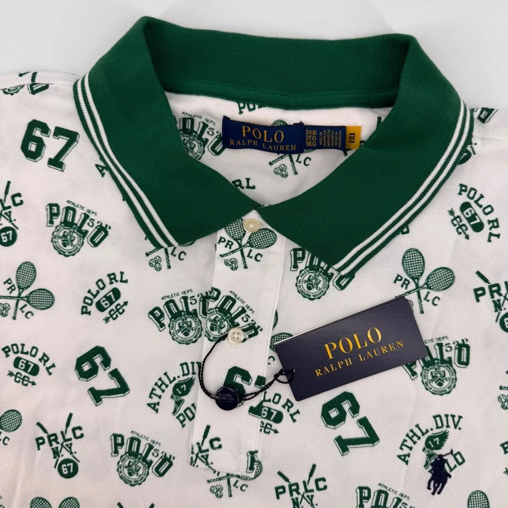 Polo Ralph Lauren Polo Shirt Mens 3XB White Green All Over Tennis Print NWT